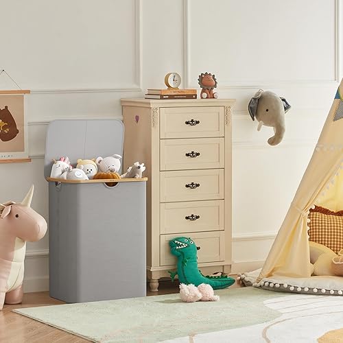 Miniatura 133 de Lifewit Cesta grande de 100 litros con tapa para ropa con asas de bambú y bolsa extraíble, plegable para dormitorio, baño, residencia universitaria