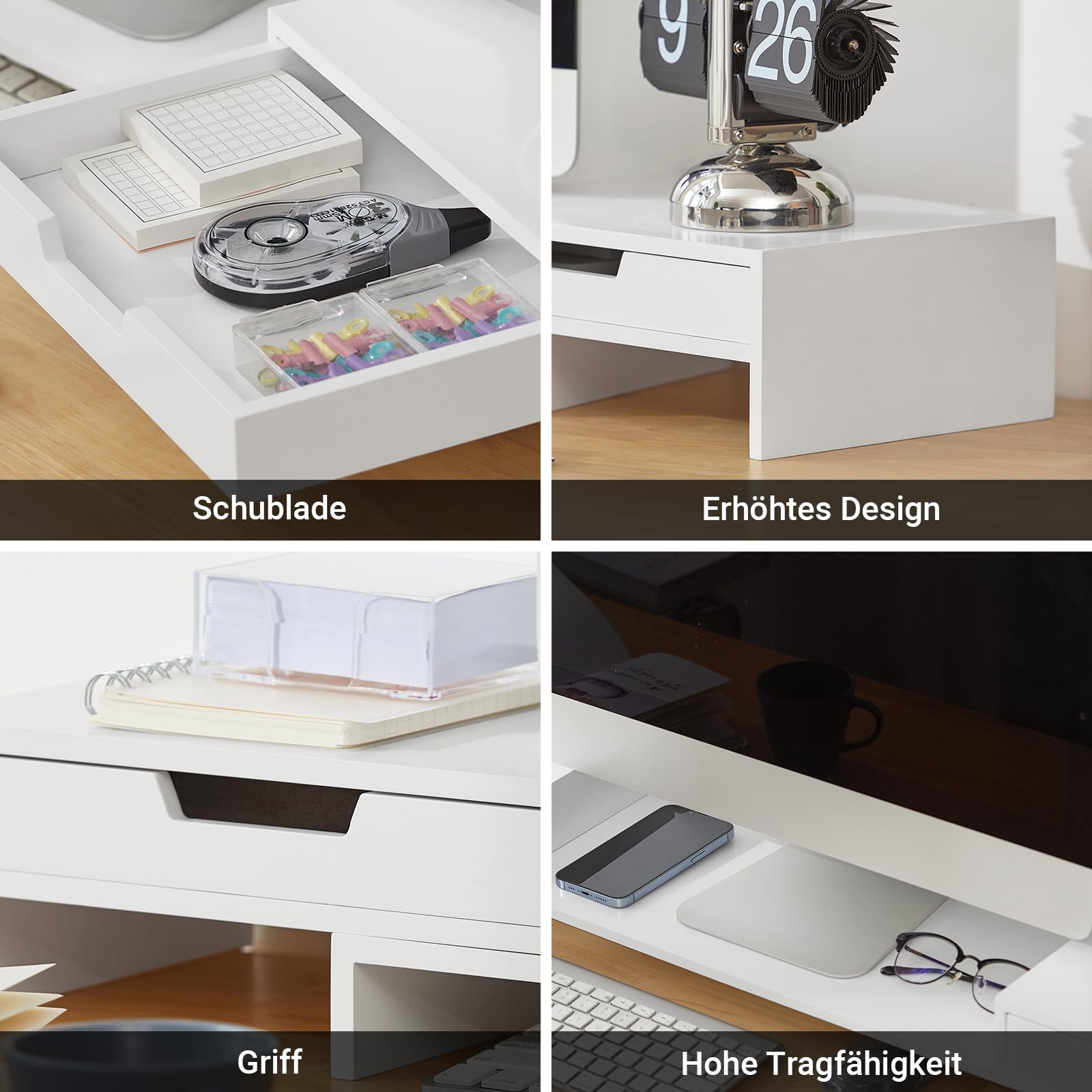 SoBuy Breitenverstellbarer Monitorständer mit 2 Schubladen, Schreibtisch Organizer, Bildschirmständer für 2 Monitore, Monitorerhöhung für Schreibtisch, Büro Organizer, Weiß, 60–107x11x22cm BBF04-W