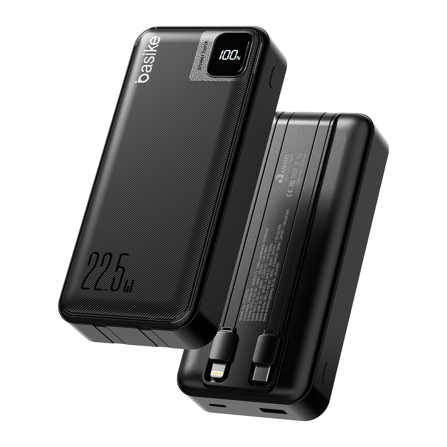Power Bank com CaboIntegrado, Carregador Portátil de 20000mAh com Carga Rápida, Múltiplas Portas, Design Leve e Proteção Inteligente para Dispositivos iOS e Android/USB/Type-C/Pret