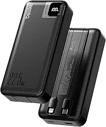 Basike Power Bank, Carregador Portátil Universal 20000mAh, USB-A(até 22.5W)+USB-C(até PD20W), com 2 Cabos Integrados (USB-C, Lightning) Carregamento Rápido, Led Indicador de Bateria (Preto)