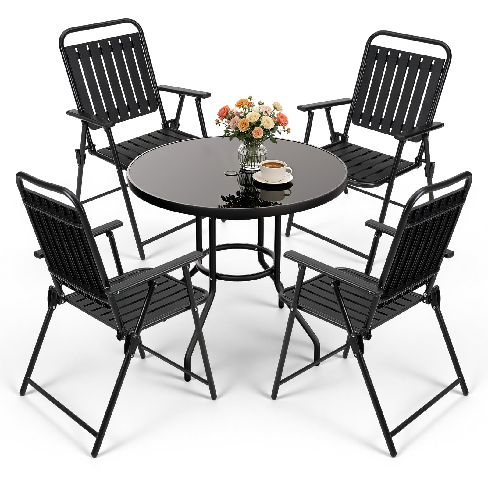 Warmiehomy Garden Bistro Set for 4, Metal Garden Table and Chairs Set with Parasol Hole, Weather Resistant Patio Furniture Set with Folding Chairs & Tempered Glass Top Round Table, Black