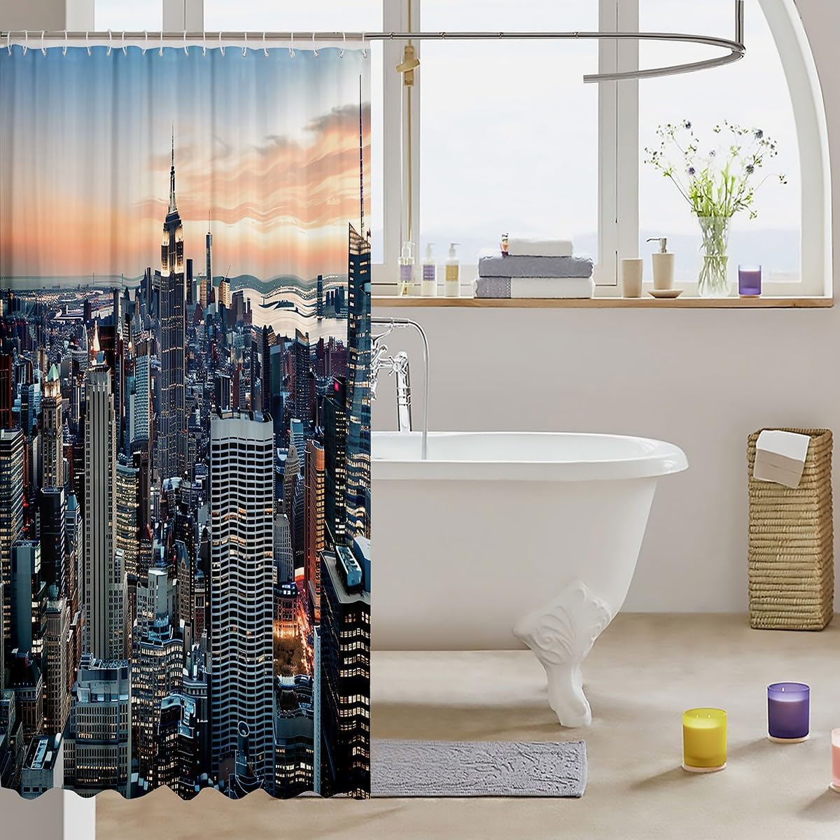 New York Shower Curtain New York City Manhattan Skyline Cityscape Waterproof Bath Curtain Contemporary Artistic Sunset Landscape Bathroom Set with 12 Hooks for Stalls Bathtubs Decorations 72"Wx84"L