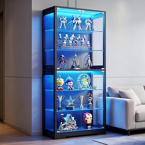 BROTTAR Display Cabinet with Glass Door, 6-Tier 71" Curio Cabinet with 3 Color Lights for Collectibles, Display Case with Adjustable Glass Shelves, Human Body Sensor, Storage Cabinets, Black