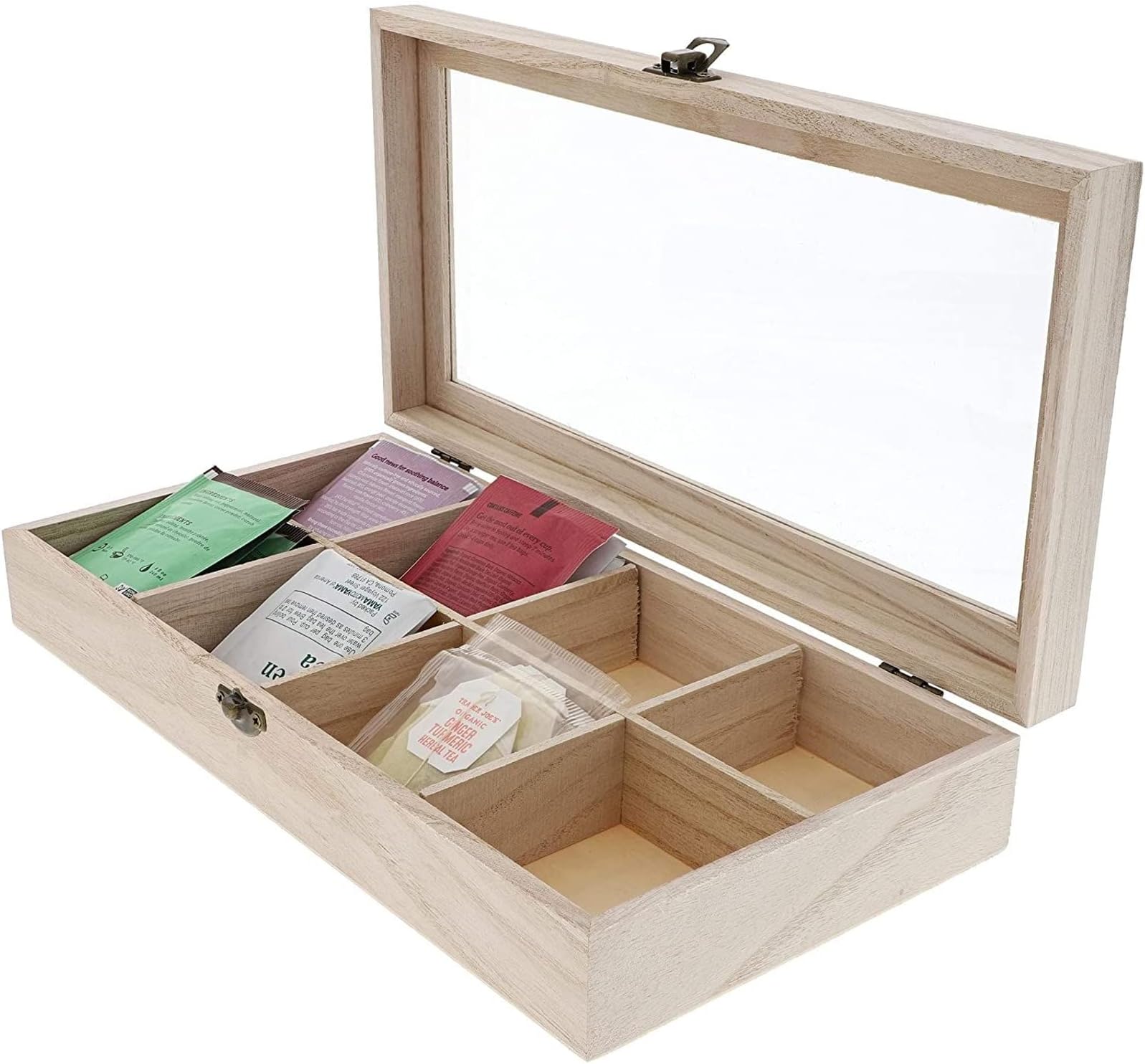 Unfinished Wood Tea Box Storage Organizer with 8 Compartments, 12.5 x 6 x 2 Inches