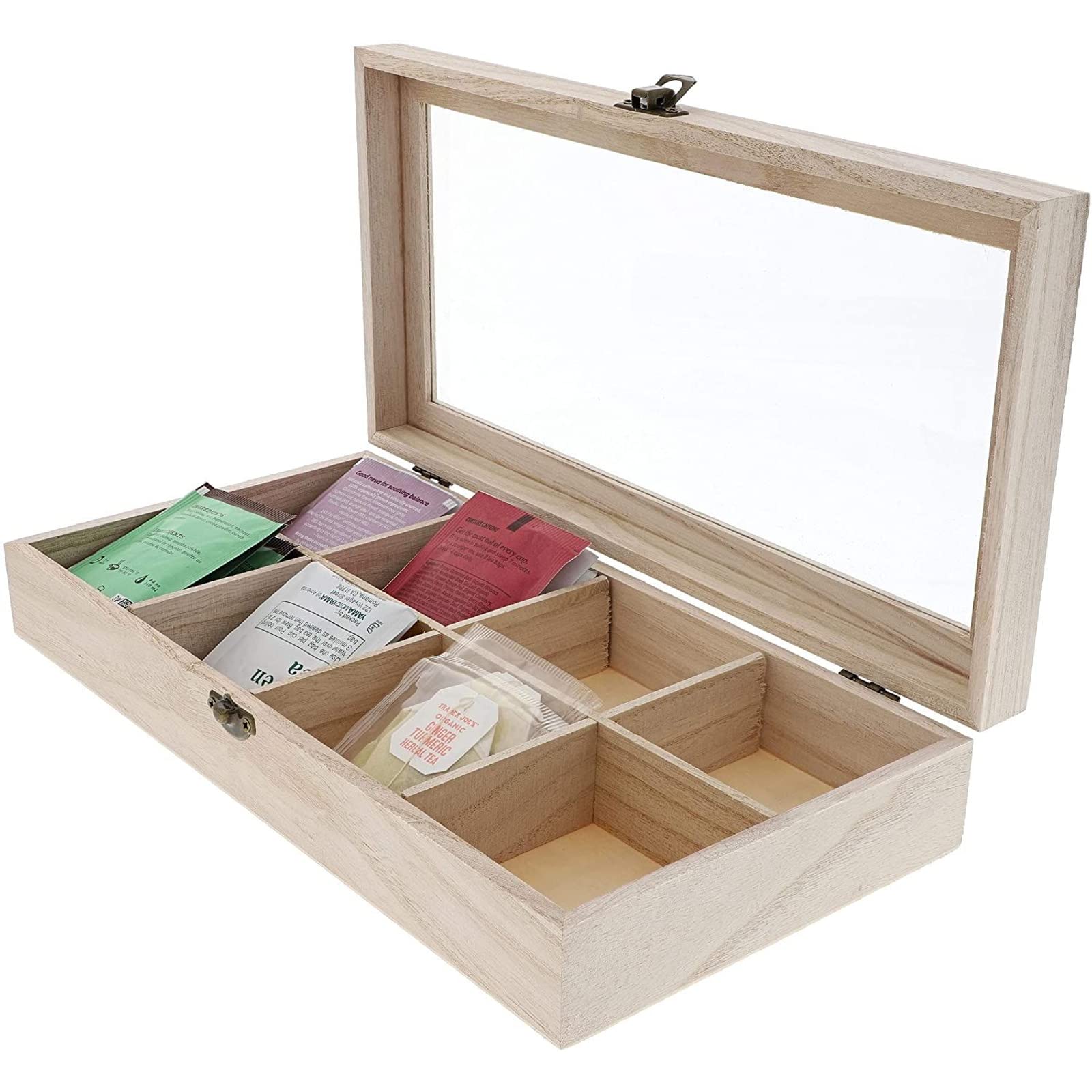 Unfinished Wood Tea Box Storage Organizer with 8 Compartments, 12.5 x 6 x 2 Inches