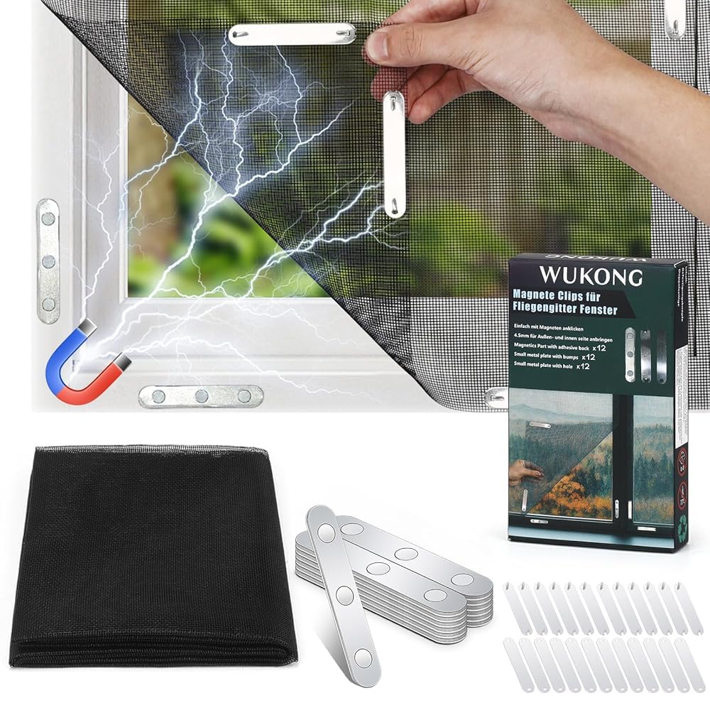 Wukong Fliegengitter Fenster mit Magnet Click – Moskitonetz 150x130 cm zuschneidbar, 12er Magnet-Set für einfache Montage ohne Bohren, wiederverwendbar, Insektenschutz Innen & Außen
