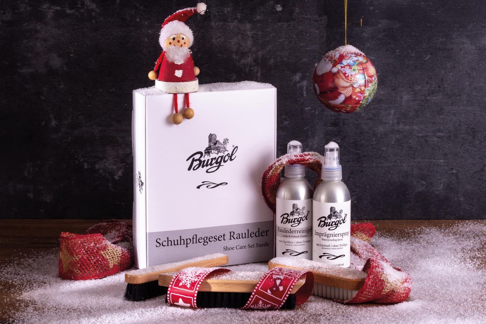 Burgol Schuhputzset für Nubuk und Wildlederpflege Profi Schuhpflegeset für Raulederschuhe mit Bronzedrahtbürste, Lamellenbürste, Nubuk Lederpflege und Baumwollbeutel zur Aufbewahrung