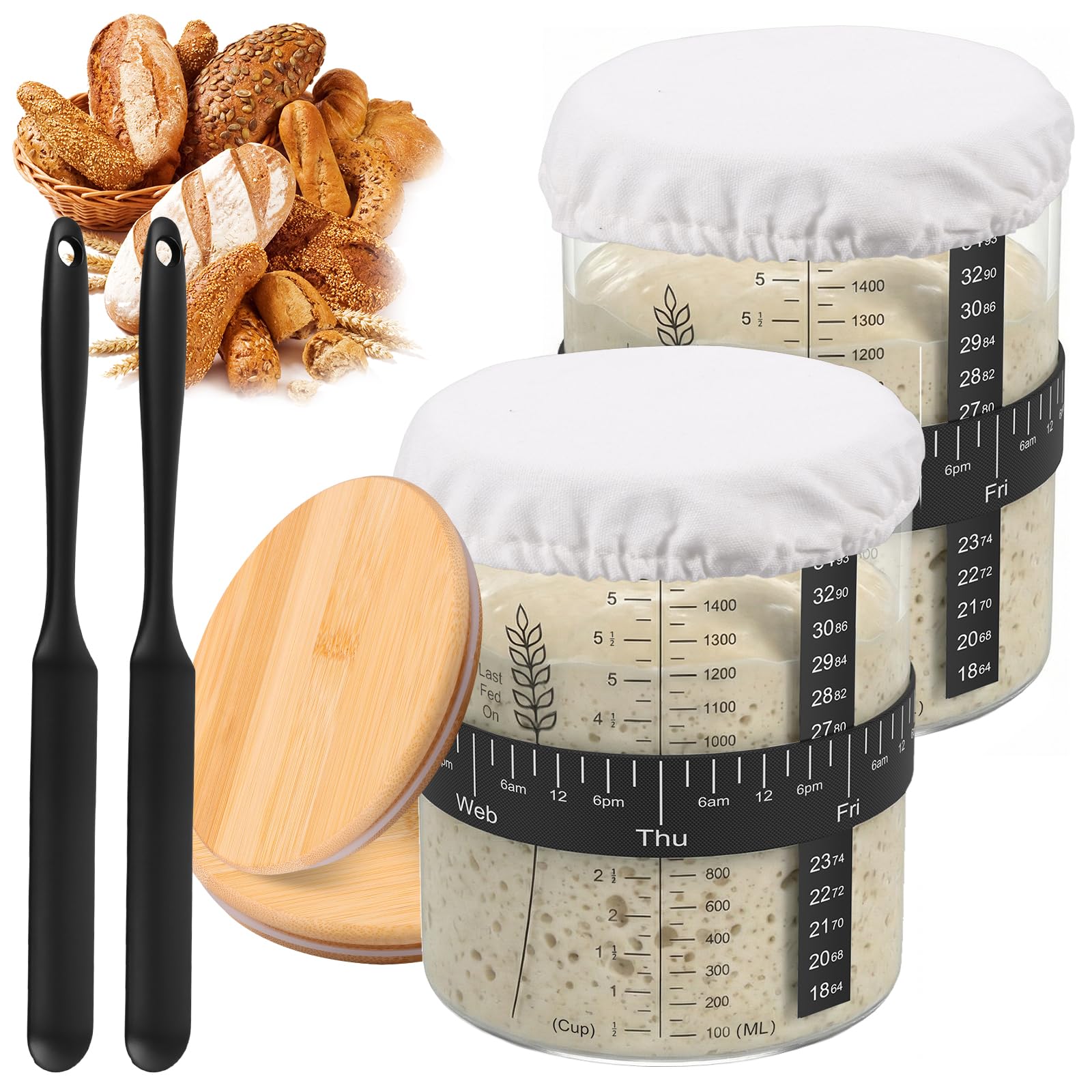 JUNFEIFLUX 2 Stück 1500ml Sauerteig Starter Set | Sauerteig Glas Breithals, Sourdough Starter Kit mit Bambusdeckel, Spatel und Thermometer für Brot Backen, Küche und Bäckerei
