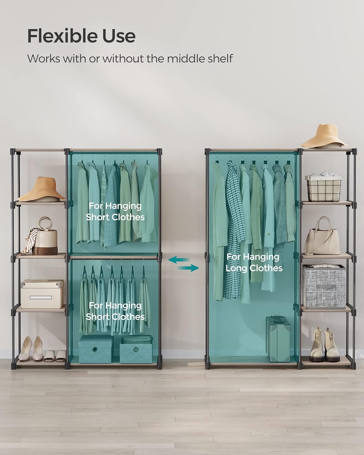 Diagram illustrating flexible use of the closet, showing configurations for short clothes and long clothes by removing a middle shelf.