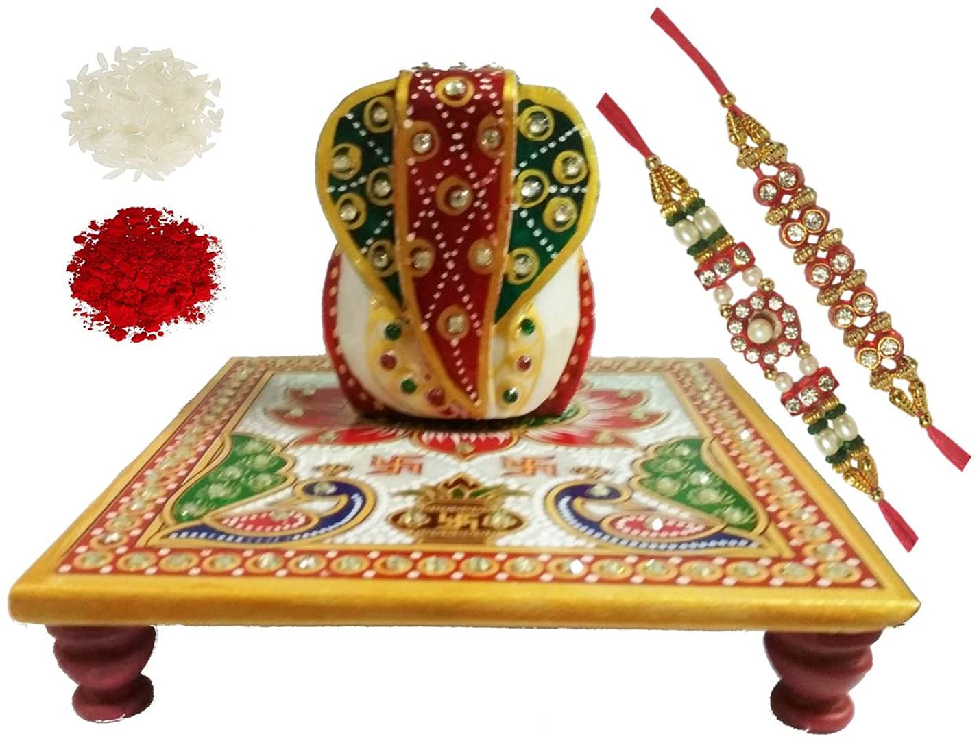 Chowki Ganesha en marbre avec 2 rakhis et roli chawal pour Rakshabandhan