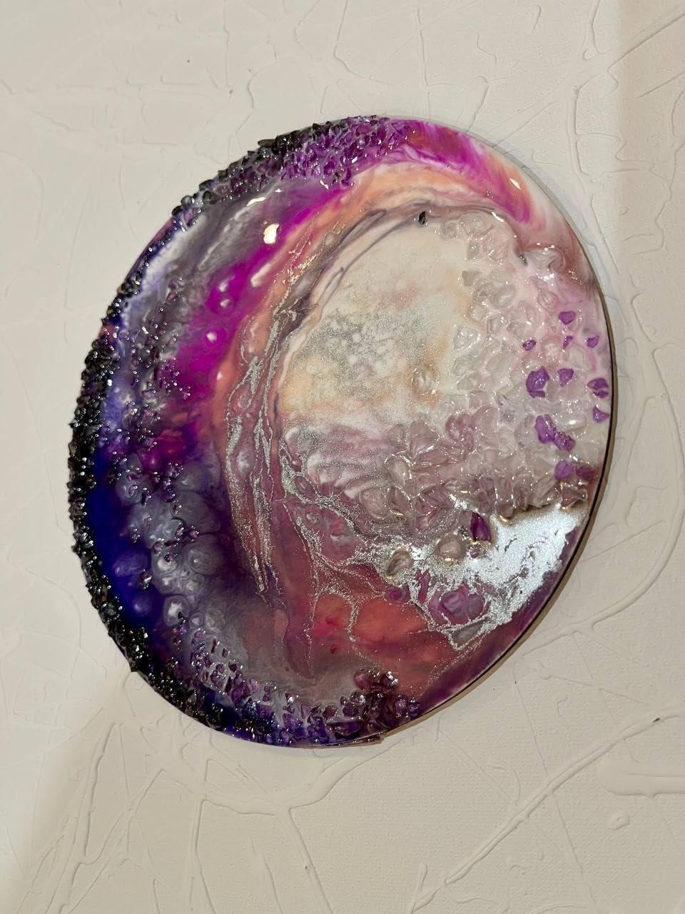 Space resin wall artwork, round wall decor, original art, contemporary wall circle, geode art, magenta fluid painting by Ukrainian artist (D 8 in)