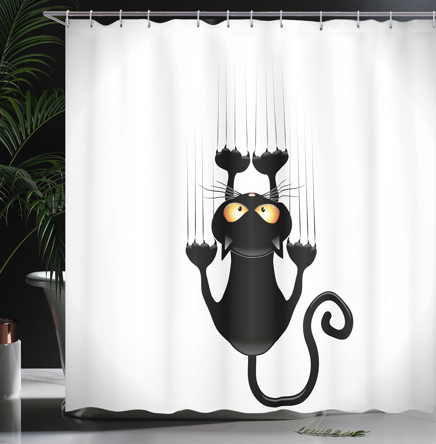 Ambesonne Funny Shower Curtain, Naughty Cat Scratching The Wall with His Paws Grumpy Feline Humorous Kitten Graphic, Cloth Fabric Bathroom Decor Set with Hooks, 69" W x 70" L, White and Black