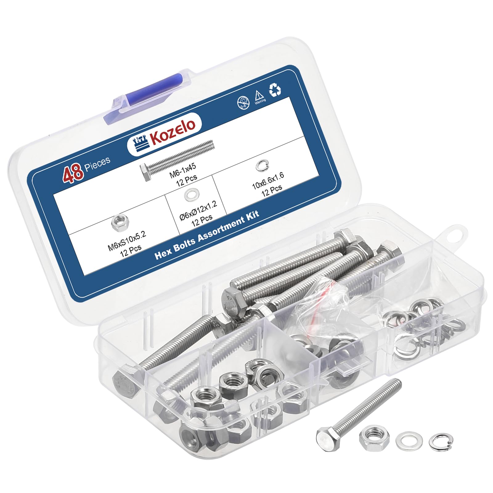 Kozelo 48 Pcs Bolts and Nuts Washers Kit - [M6-1x45] 304 Stainless Steel Hex Tap Bolt Assortment Fully Threaded Hexagon Head Machine Bolts Right Hand External Hex Drive, Silver Tone — image 1