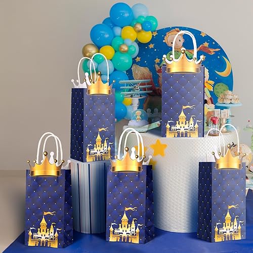 Miniatura 6 de Paquete de 16 bolsas de regalos de fiesta de príncipe, bolsas de regalo de corona con purpurina de príncipe con asas, papel kraft para regalo de