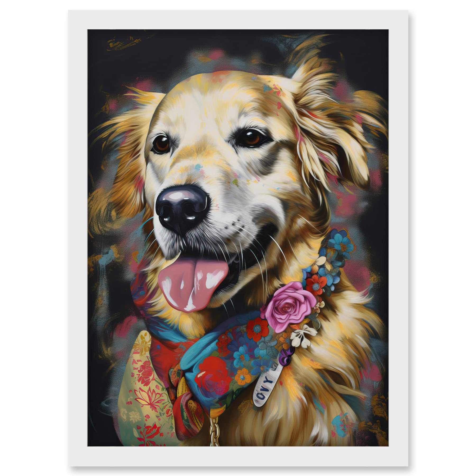 Artery8 Golden Retriever Dog with Floral Bandana Collar Artwork Framed A3 Wall Art Print