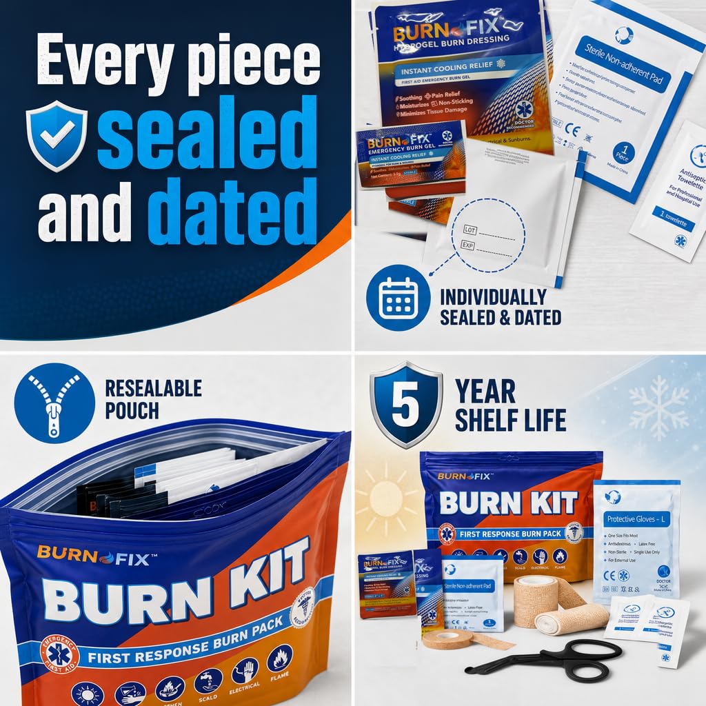 BurnFIX® Burn Kit First Aid Recommended by Doctors, Comprehensive 25pcs First Aid Kit Includes Burn Gel, Burn Dressing, Gloves, Scissors, Wipes for Quick Burn Relief - Sunburn, Electrical, Flame Burns — Amazon image 8