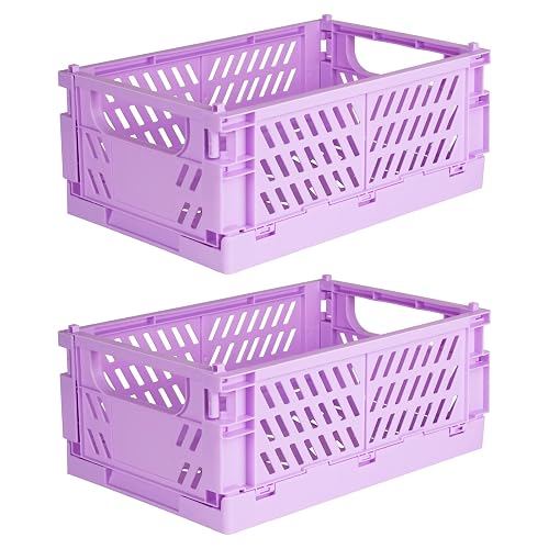 Tixill 2-Pack Mini Foldable Plastic Baskets for Organizing and Storage, Collapsible Storage Crate for Home Kitchen Bedroom Bathroom Office (9.8x6.5x3.8, Purple)
