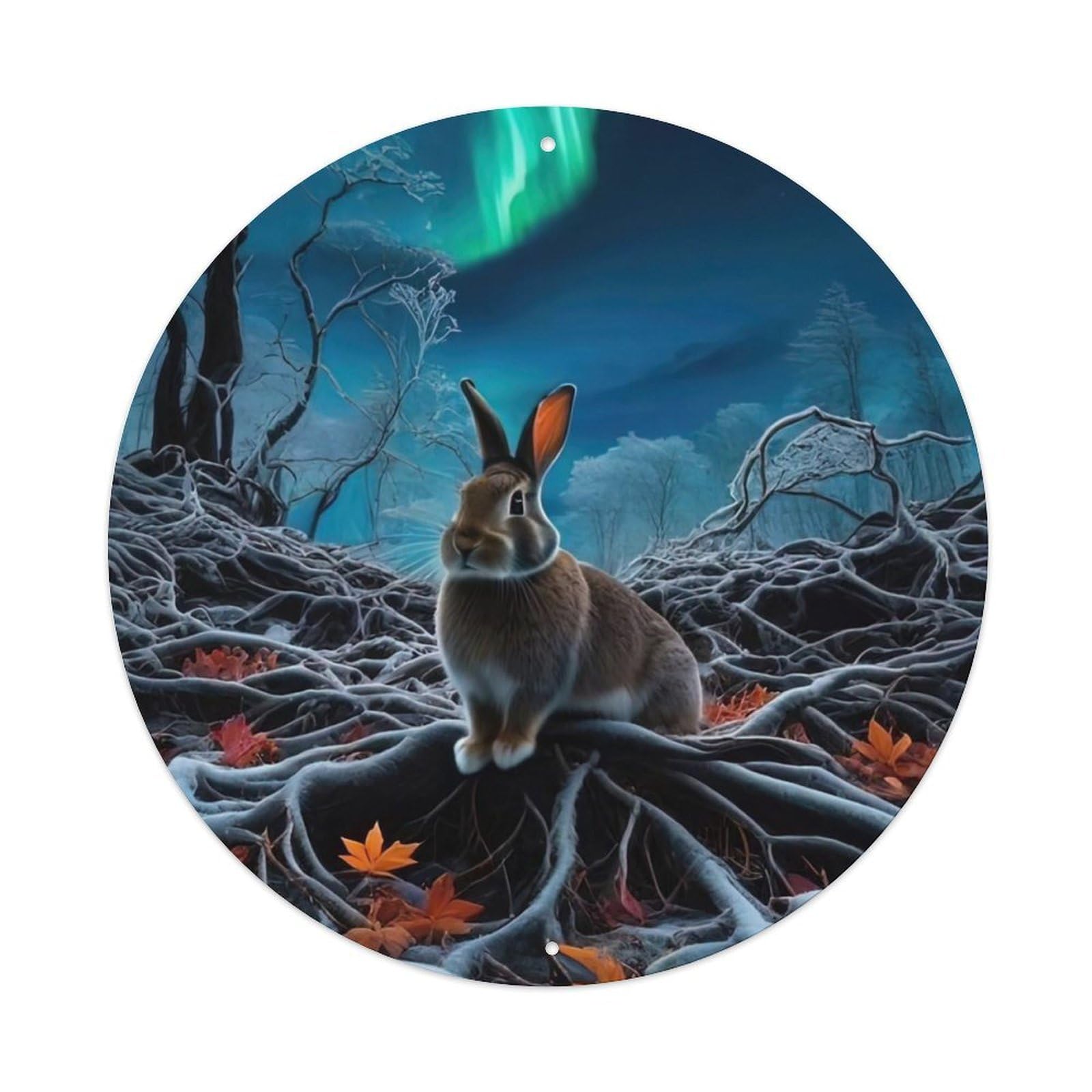 Animal Aurora Borealis Winter Forest Hare on Snowy Roots Vintage Metal Tin Sign Plaque Wall Decor for Cafe, Club Bar, Office, Garden Metal Poster 8x8Inch