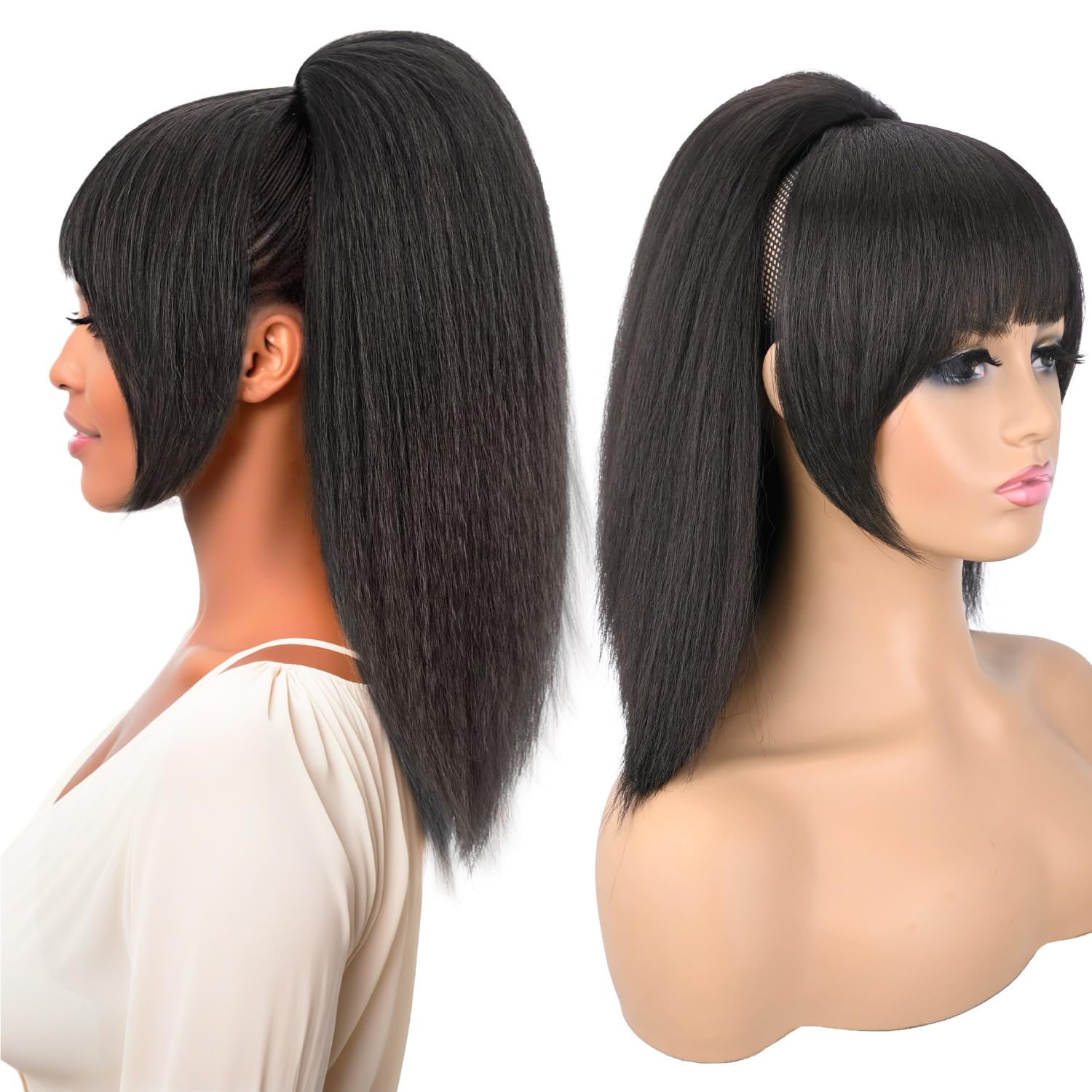 Rafabcici Ponytail Extension with Bangs for Black Women Yaki Straight Drawstring Ponytail with Bangs for Women Synthetic Hairpieces 16 inch Clip in