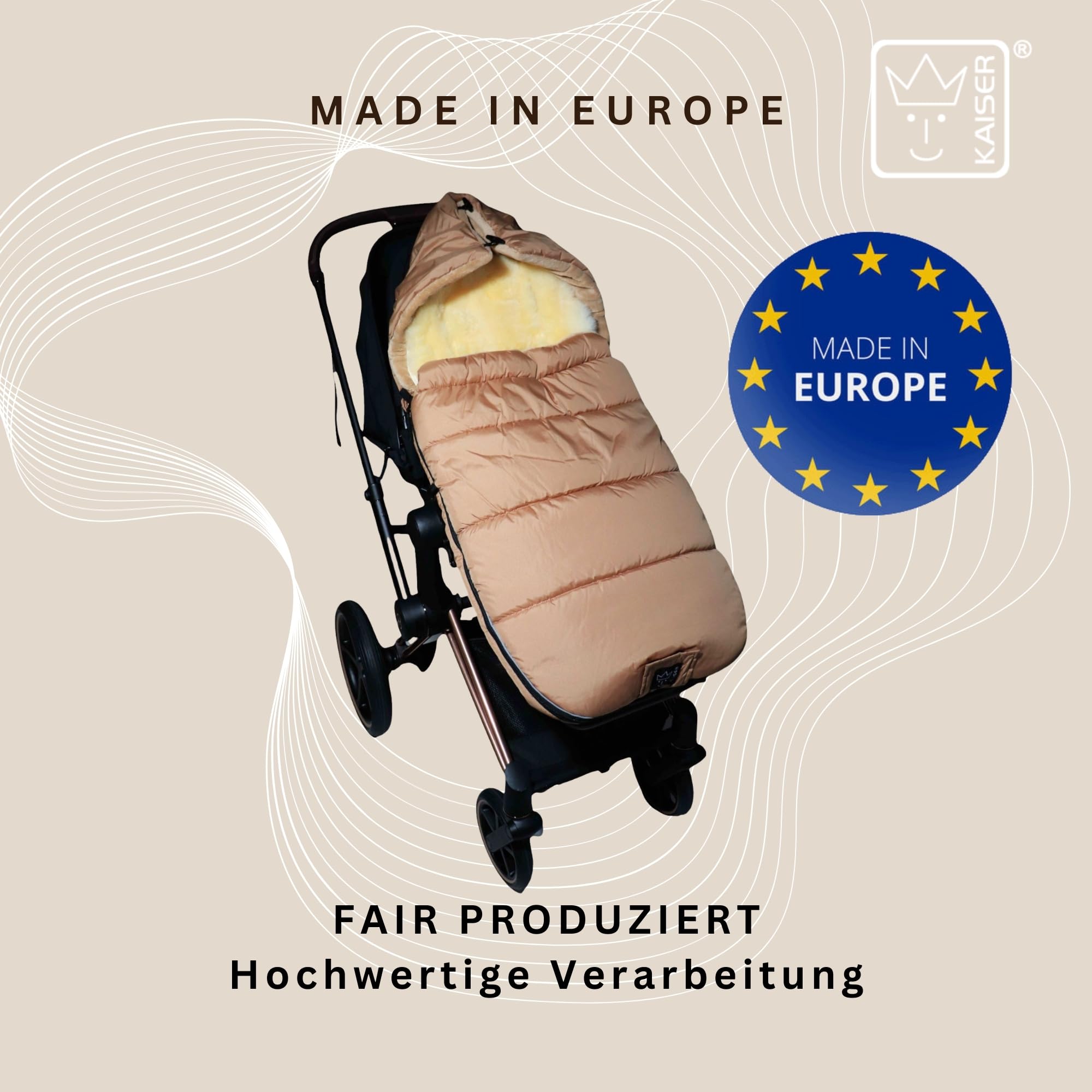 SHEEP Thermo Fußsack mit Lammfelleinlage, 100x45cm, Universal Kinderwagen, Wasserabweisend, Reflektorstreifen (sand)