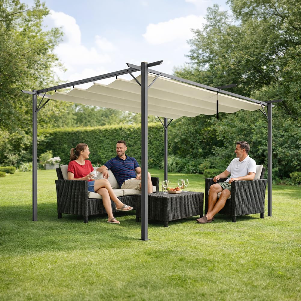 BAKAJI Gazebo Pergola Beige con Telo Retrattile in Poliestere Impermeabile e Anti UV, Struttura Resistente alle Intemperie, Ideale per Esterno, Giardino, Terrazzo, Patio, Ristorante, Bar (3 x 4 Metri)
