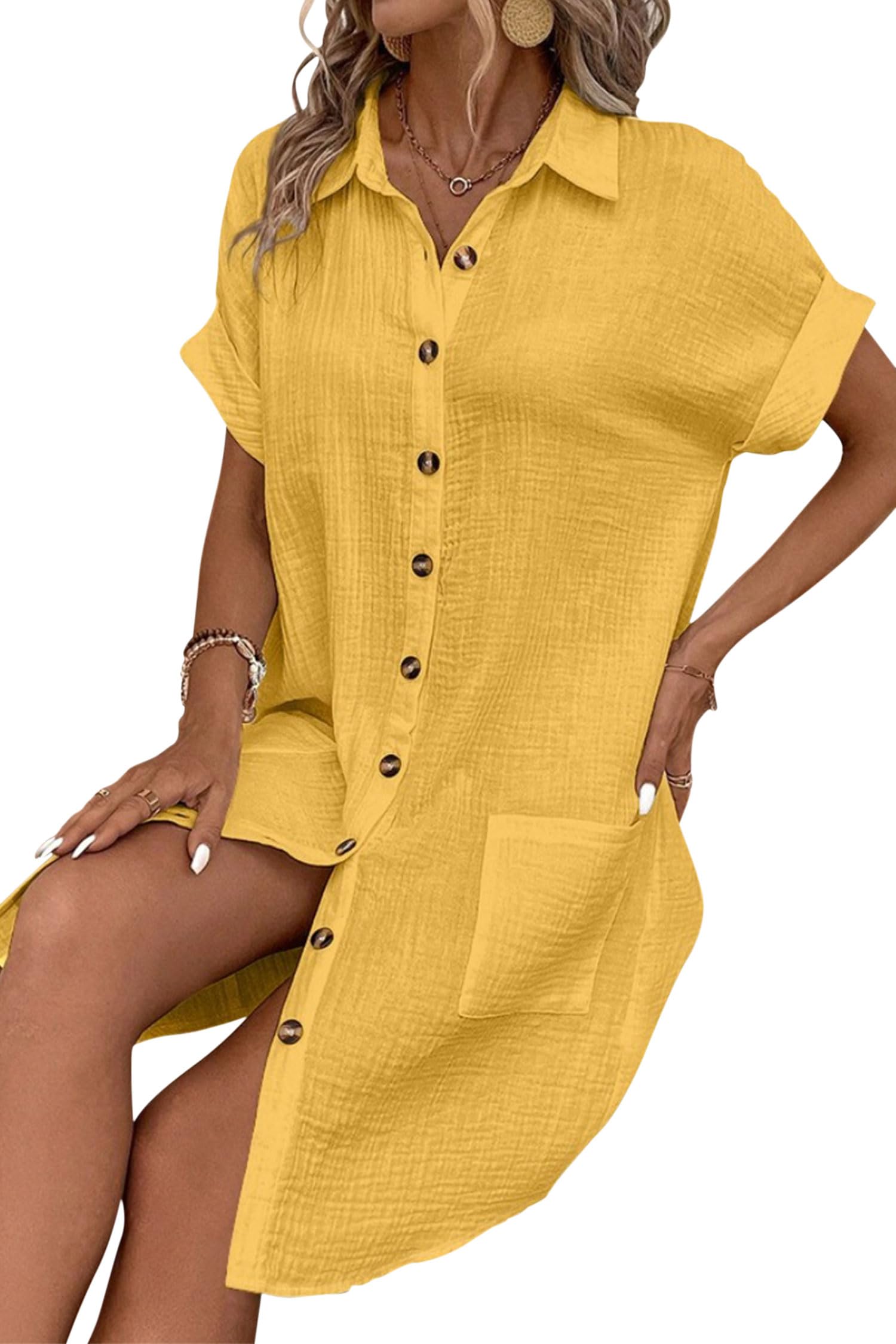 VEVESMUNDO Abito estivo da donna, a maniche corte, in cotone, lino, in mussola, in lino, da spiaggia, casual, lunghezza al ginocchio, con tasche