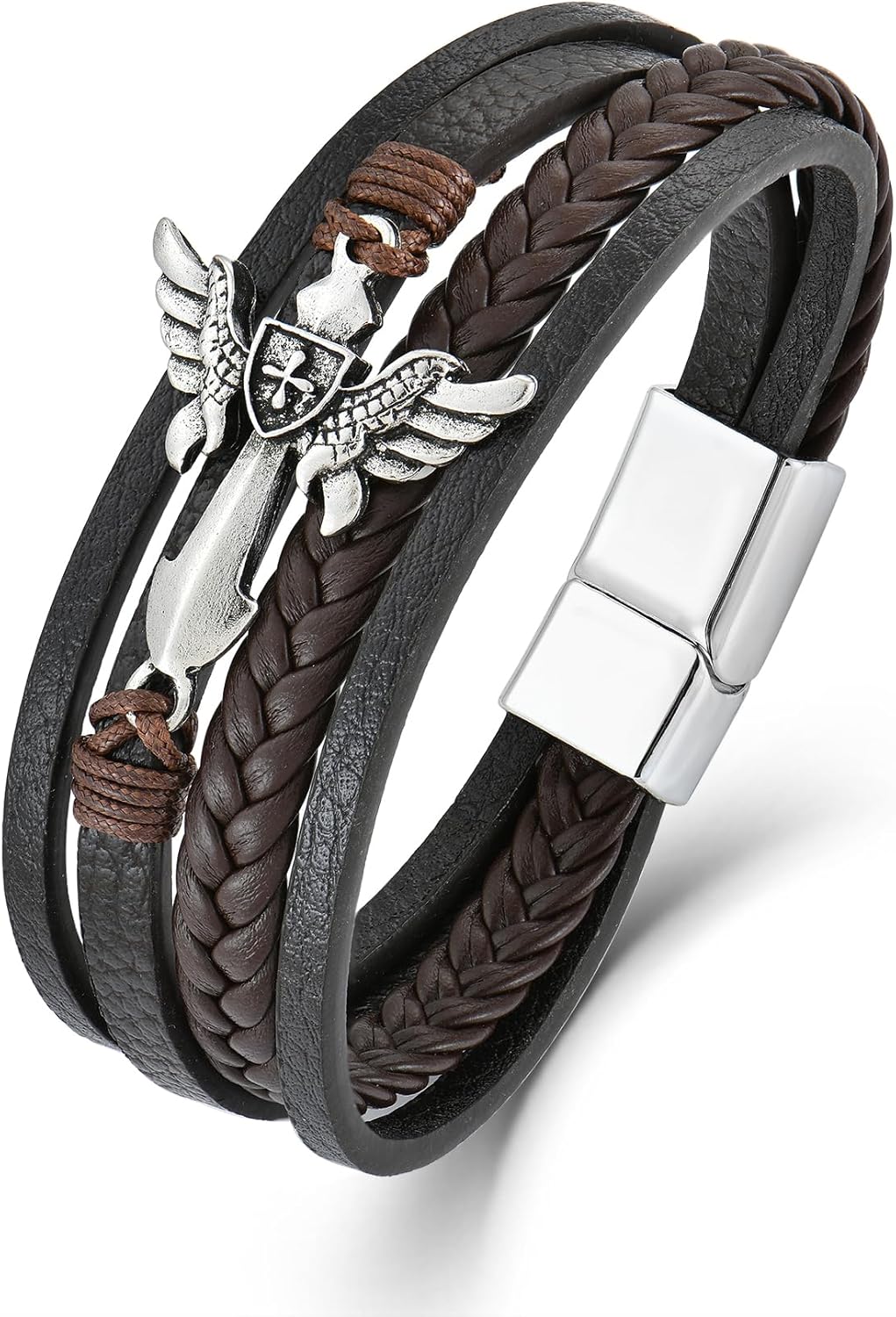 Men's Cross Bracelet Vintage Winged Cross with Shield Christian Religious Faith Wristband Multi-Layer Braided Stainless Steel Leather Cuff Bangle with Clasp