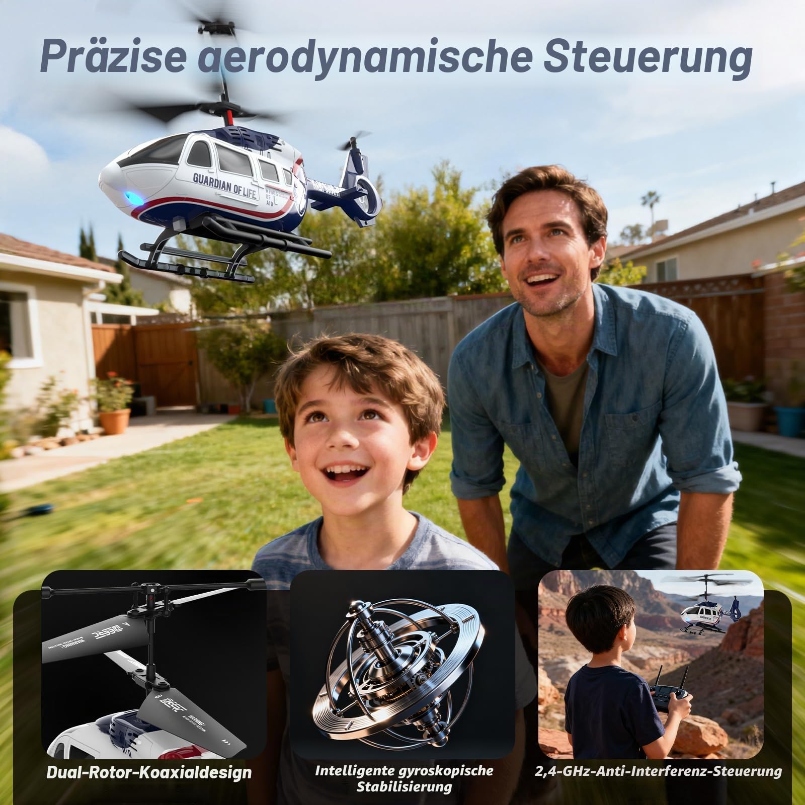 DEERC Ferngesteuerter Hubschrauber für Kinder, RC Militär Rettung mit Höhenhaltung, Start / Landung mit einer Berührung, LED-Licht, Alarm bei schwacher Batterie, Geschenk für Jungen