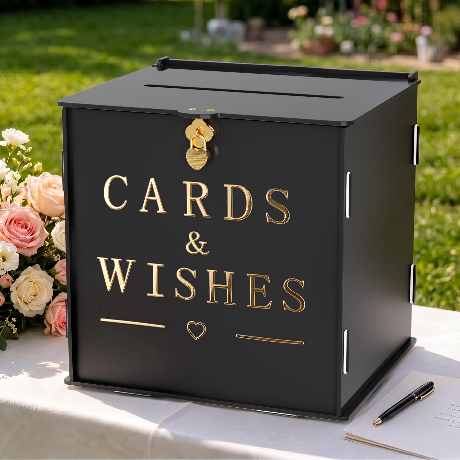 AKONEGE Wedding Card Box with Lock, Black Acrylic Post Box for Cards