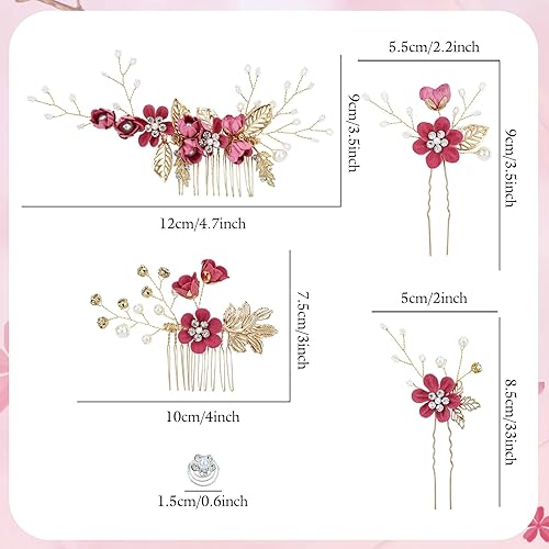 Miniatura 6 de Cinaci 18 piezas para novia, boda, fiesta, graduación, perlas, diamantes de imitación, rosa, rojo, flores, peinetas laterales, diapositivas,