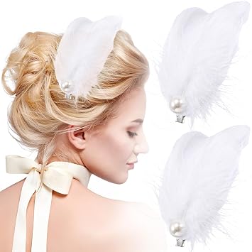 ANCIRS 1 Pair White Feather Hair Clips for Women, Fly-Wing Shape Hair Barrettes Accessory Hairpins, 1920s Flapper Headpiece Hair Piece for Swan Lake Cosplay Show Dancing Party Costume
