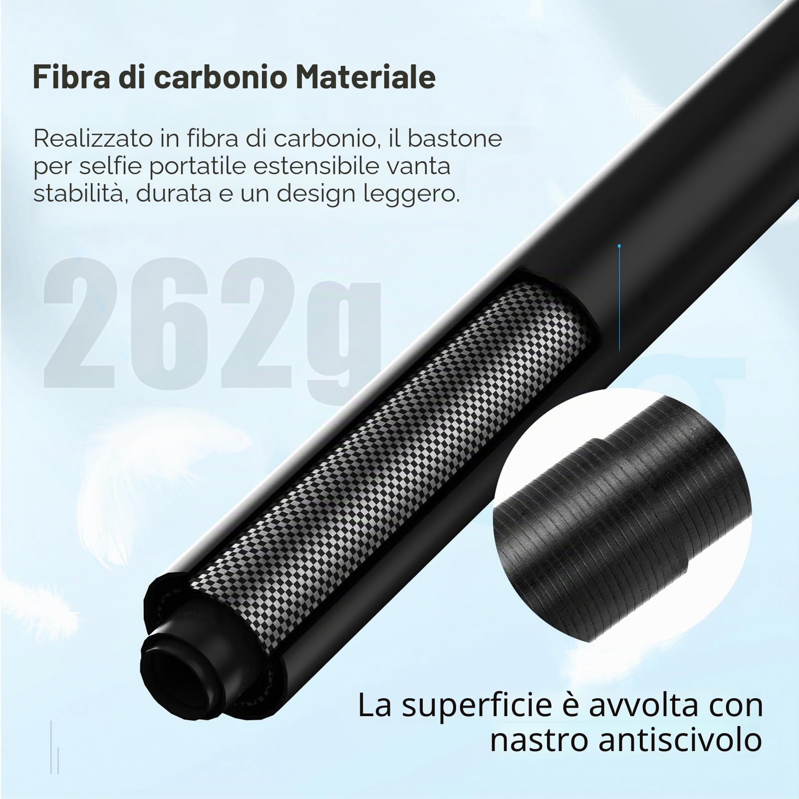 3 Metro Bastone Selfie Invisibile per Action Cam, Camnoon Monopiede Palo Telescopico Asta Selfie Stick Carbonio Antiscivolo 262G con Blocco Rotante Stabile, Sacchetto di Stoccaggio in Velluto a Coste