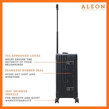 Aleon All Aluminum Lightweight 21 International Carry-On Hardside Luggage with Durable Hardshell, TSA Approved Heavy Duty Spinner Wheels, Rolling Travel Bag for Airplane, Premium Suitcase (Onyx)