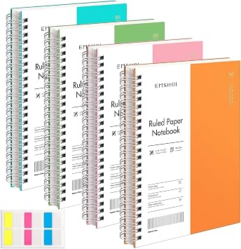 EMSHOI Lined Spiral Journal Notebook, 4 Pack, 640 Pages, A5 5.7" x 8.2" | College Ruled, 100 GSM Thick Paper, Flexible Plastic Cover, for School, Student, Writing, Journaling, Work, Women & Men