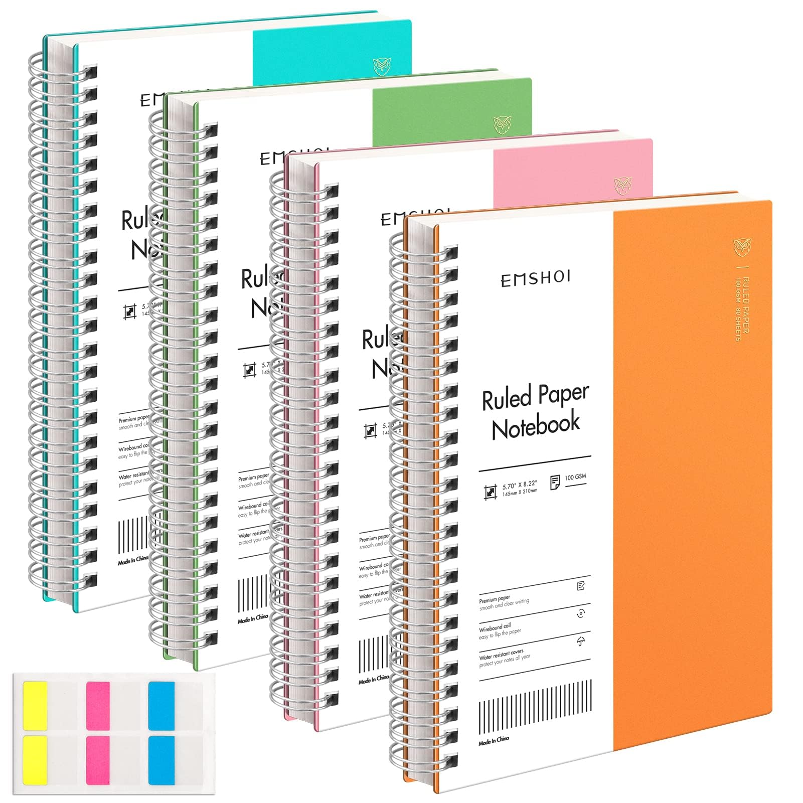 EMSHOI College Ruled Spiral Notebook, 4 Pack 5.7" x 8.22" A5 Small Notebooks for Work, 640 Pages 100gsm Thick Lined Journal, with Sticky Notes, Plastic Hardcover, Orange, Green, Pink, Tiffany Blue