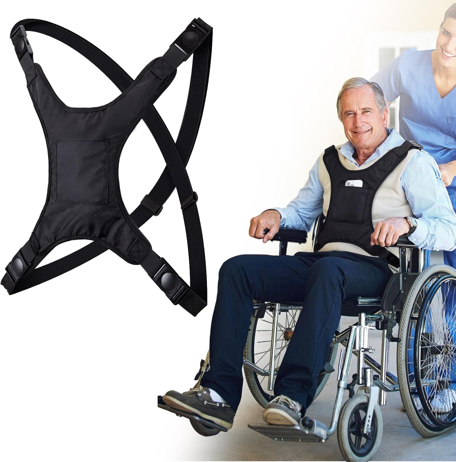 Universal Wheelchair Seatbelt, Wheelchair Harness for Adults, Torso Support Vest Restraint, Safety Belt with Adjustable Straps and Pocket for Elderly, Disabled, Patients to Prevent Sliding & Falling