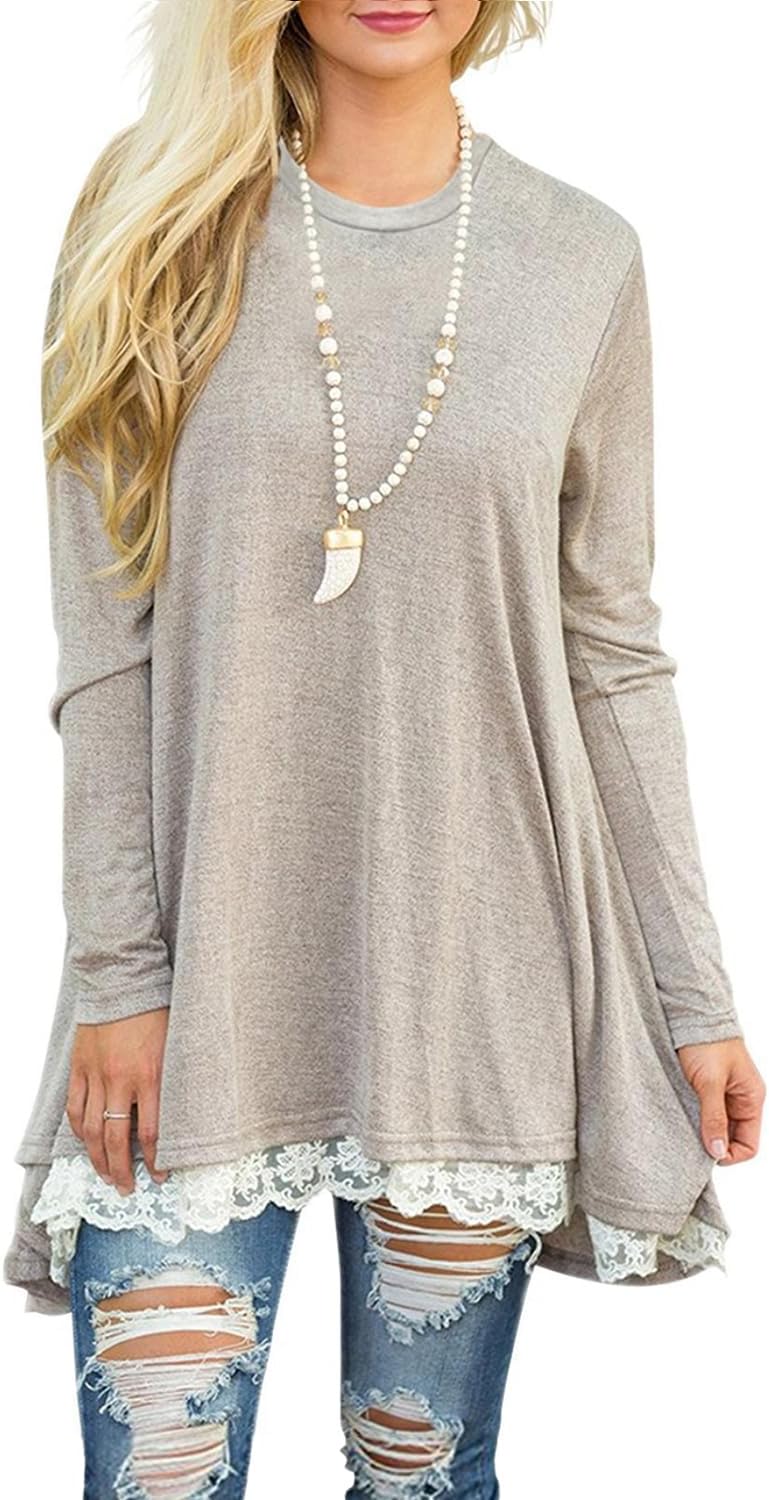 Women's Crew Neck Long Sleeve Lace Splicing Swing Shirt Dresses Long Tunic Blouses Shirts for Leggings - Image 2