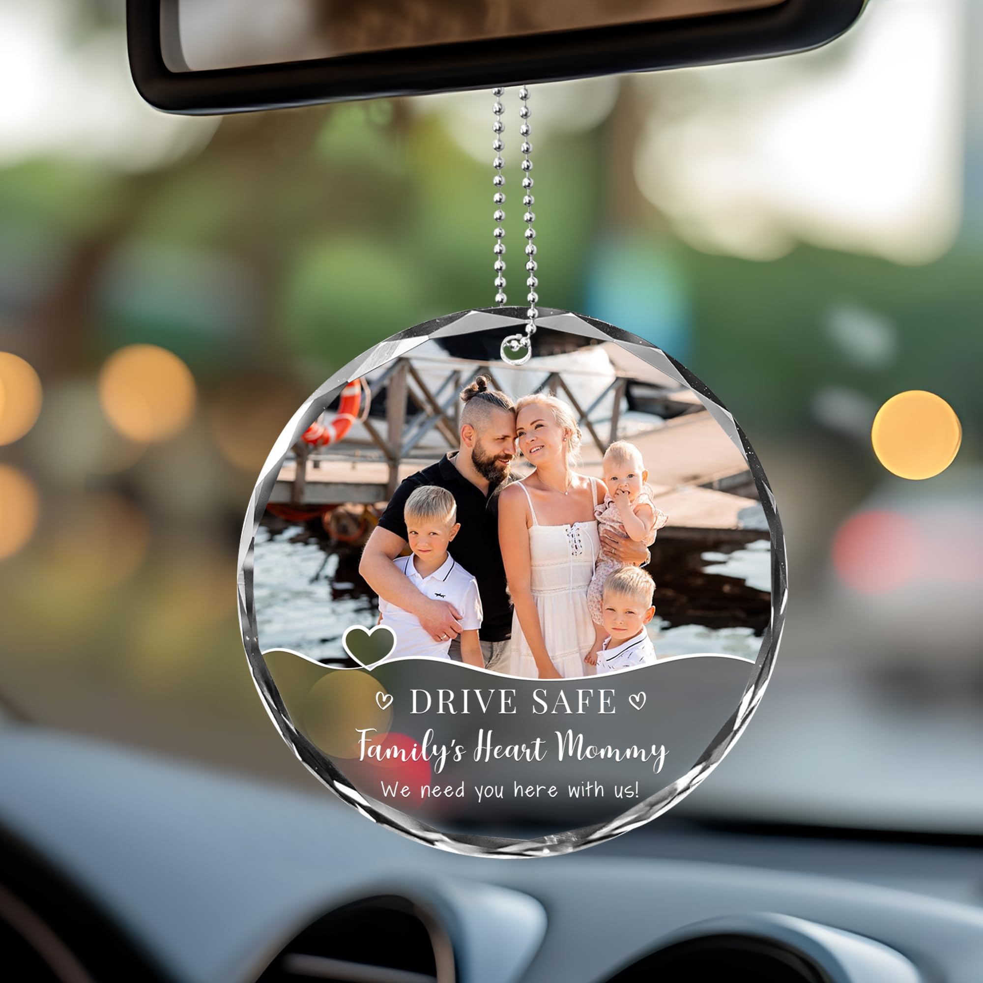 Fastpeace Drive Safe Glass Car Hanging Ornament, Personalized Photo & Name Auto Mirror Charm, Valentine’s Day Gift for Mom Dad Wife Husband Boyfriend