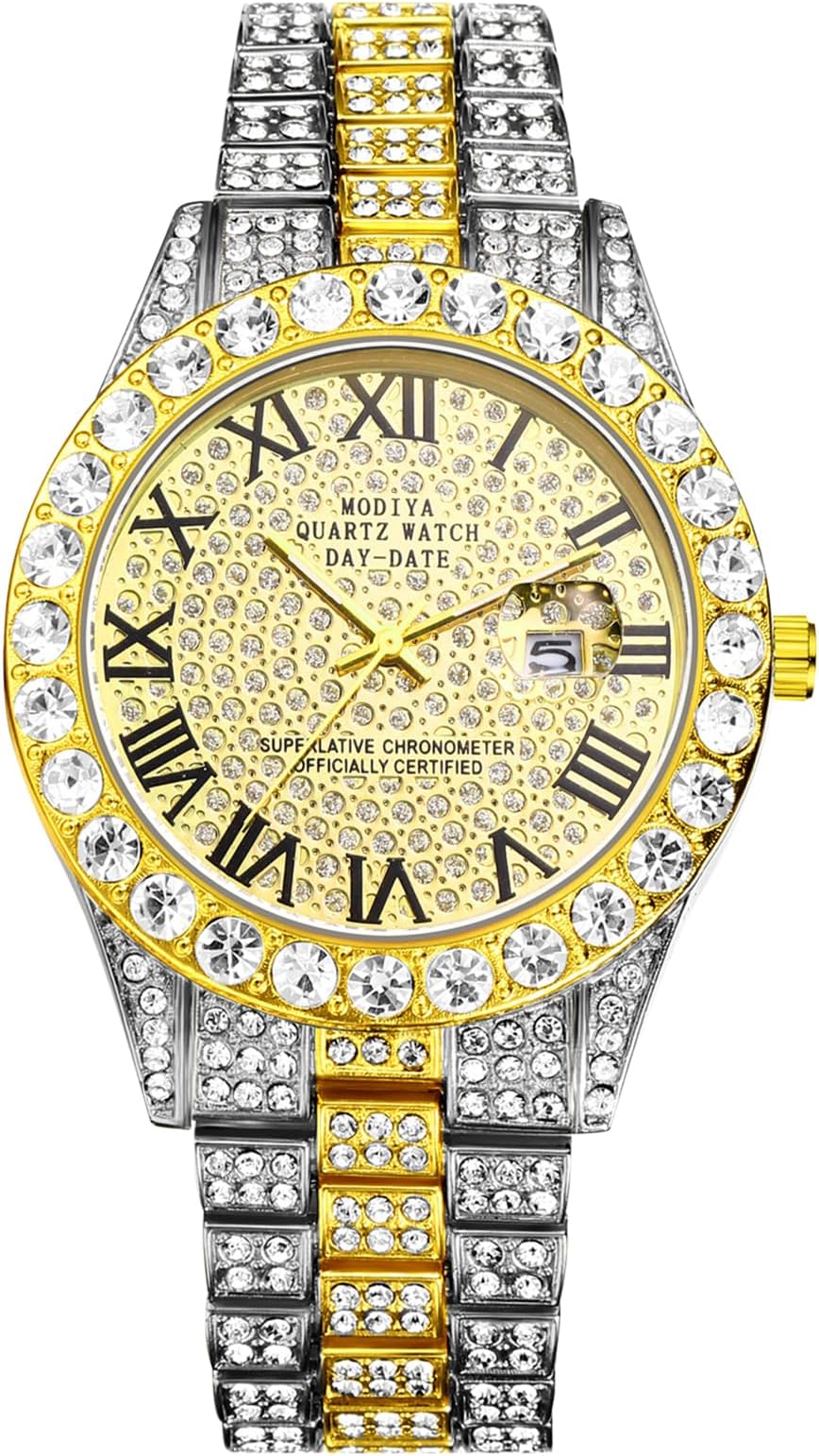 OIDEA Men's Rhinestone Diamond Watch: Luxury Roman Numeral Quartz Analog Watches for Men Waterproof Date Wrist Watch Business Casual Dress Watch Iced Out Watch Silver Gold, O0990048