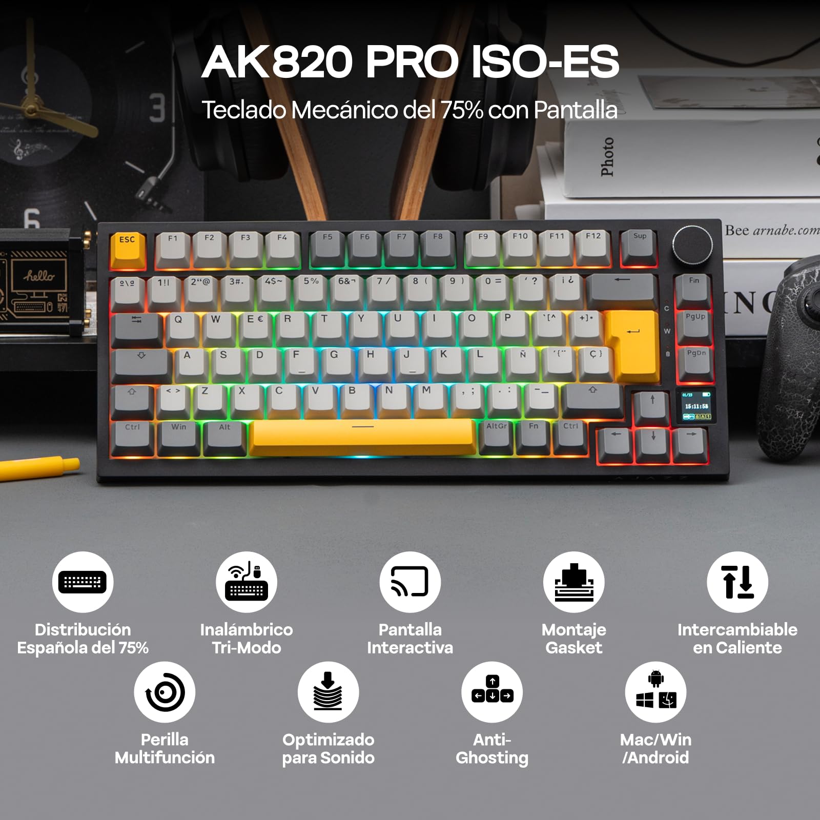 EPOMAKER Ajazz AK820 Pro ISO-ES Teclado Mecánico Inalámbrico, con Pantalla & Perilla, 2.4G/BT/USB, Iluminación RGB, Software Personalizado, Teclado Gaming de 75% Distribución Española para PC/Mac - 3