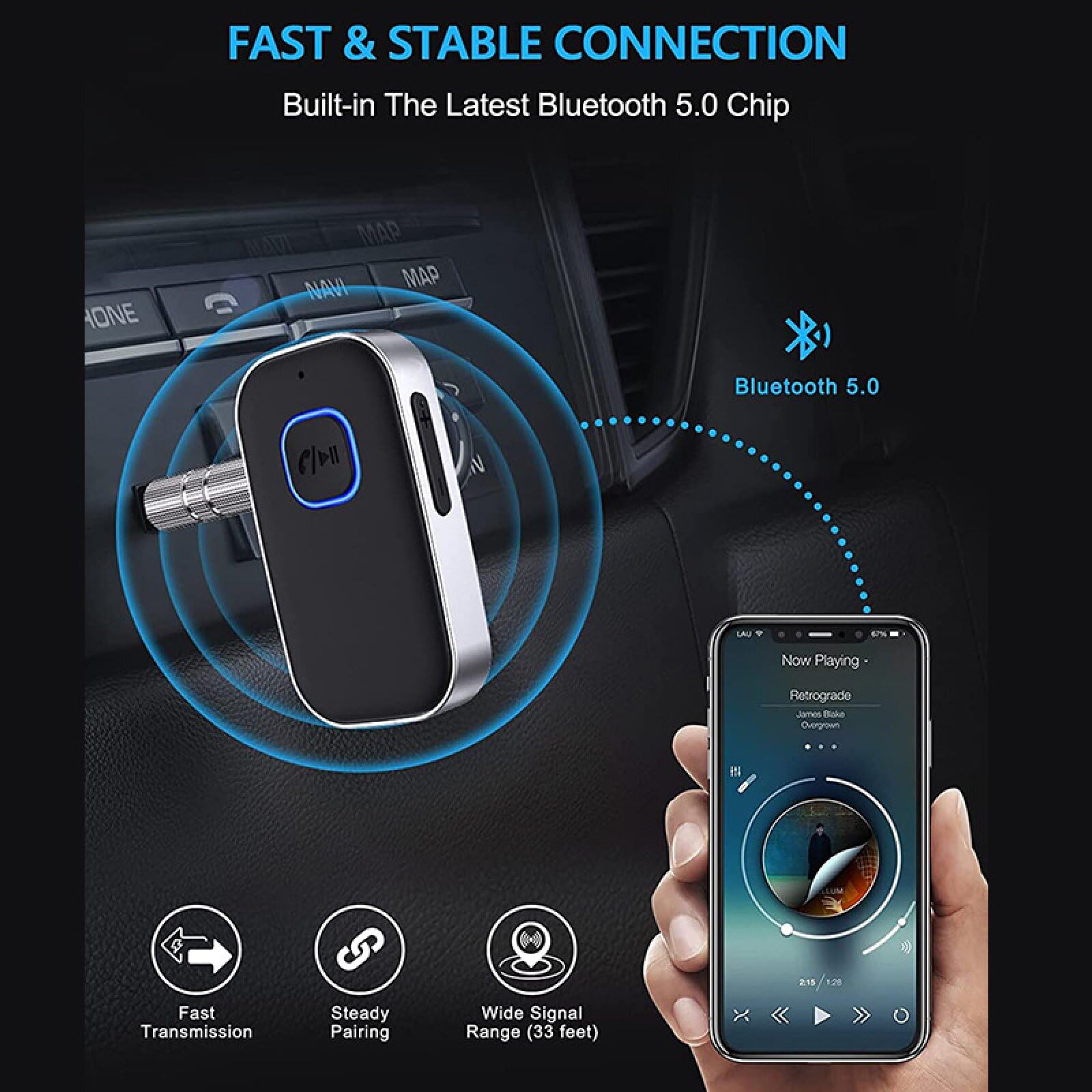 Bluetooth 5.0 Empfänger mit 3,5 mm AUX Auto-Bluetooth-Adapter, Sound-Adapter für Auto-Stereo-Stereo-Headset-Lautsprecher, Freisprechen, Geräuschunterdrückung