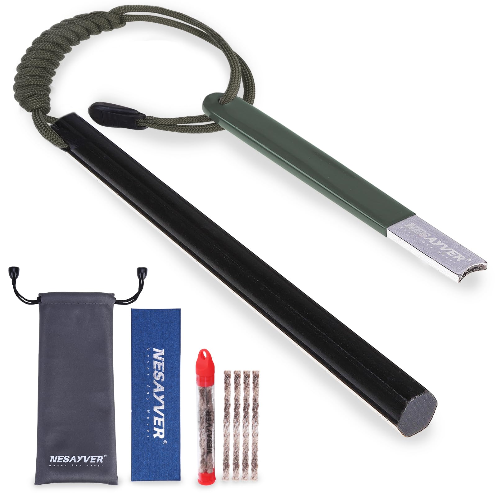 NESAYVER Fire Starter Survival Tool,6 x1/2 in Thick Hexagon Ferro Rod Fire Striker Kit with Paracord Lanyard for Hiking, Camping, Emergency Flint and Steel Up to 20000 Strikes, Tinder Rope Green