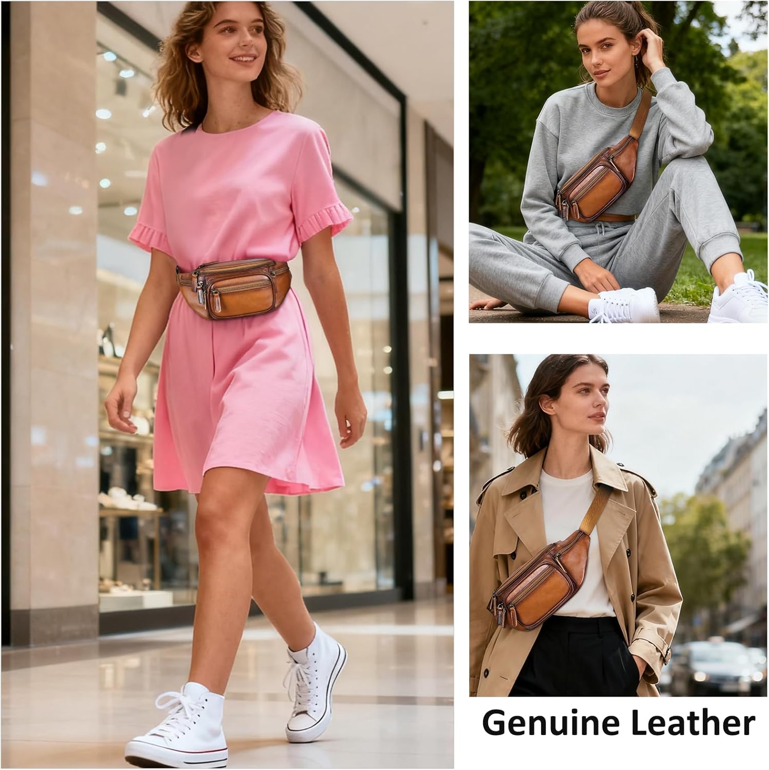 NIUCUNZH Genuine Leather Fanny Pack Waist Pack for Men Women Small Multi-Pockets Sling Bag for Travel Sports Hiking Cycling Fishing Running