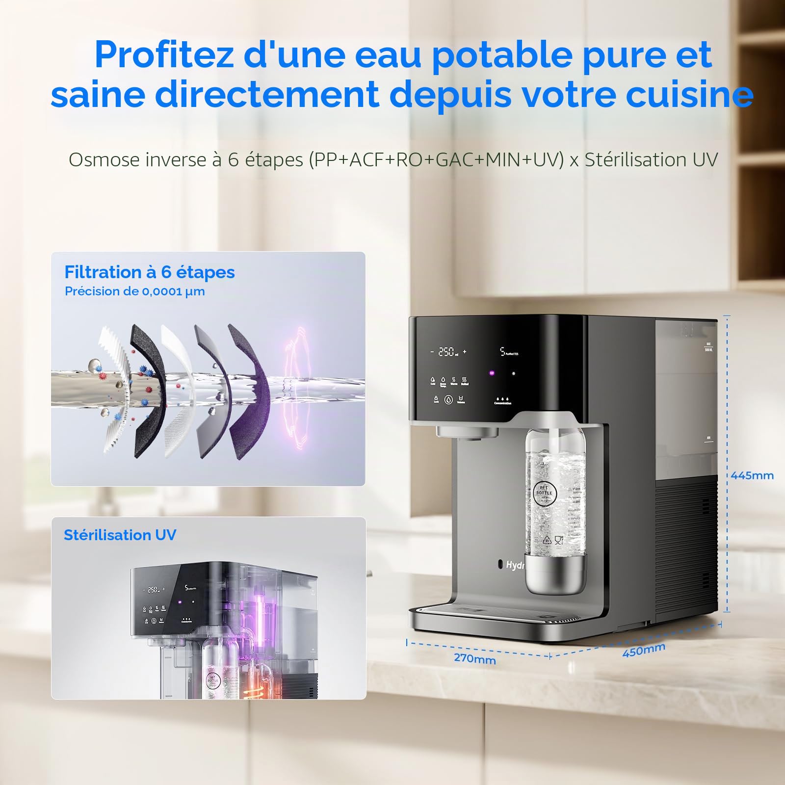 Installation d'osmose étanche avec gazéificateur d'eau, distributeur d'eau chaude de table et distributeur d'eau glacée, filtre à eau RO à 6 niveaux, sans raccord pour l'eau