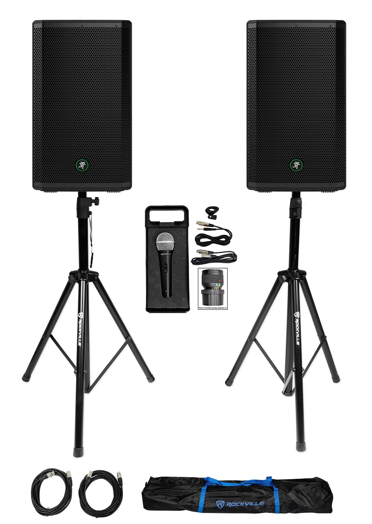 Audiosavings Bundle: (2) Mackie Thrash212 12 1300W Active DJ PA Speaker Bundle with Pair of Rockville Adjustable Tripod Speaker/Light Stands+(2) XLR Cables + Rockville RMC-XLR DJ Microphone (4 Items)