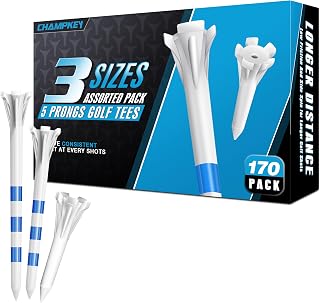Champkey 170-Pack 5-Prong Plastic Golf Tees - Assorted Sizes 3-1/4", 2-3/4", 1-1/2" for Max Distance & Accuracy