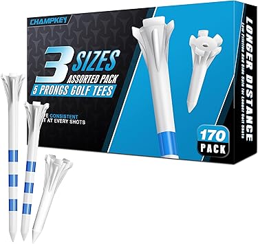 CHAMPKEY Professional 170 Pack 5-Prong Plastic Golf Tees 3 Sizes Assorted Pack - 100 Pcs