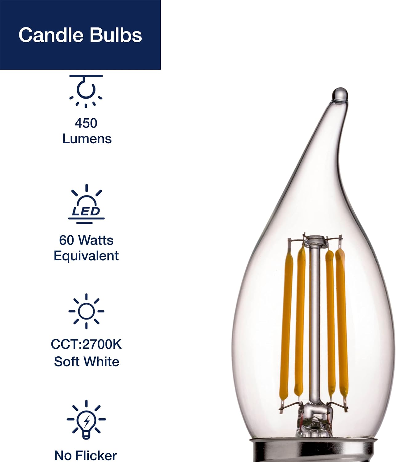 FLSNT LED 60 Watts Equivalent Chandelier Light Bulbs, CA11 Dimmable Filament Clear LED Candelabra Bulbs, E26 Medium Base, 2700K Soft White, 6 Pack