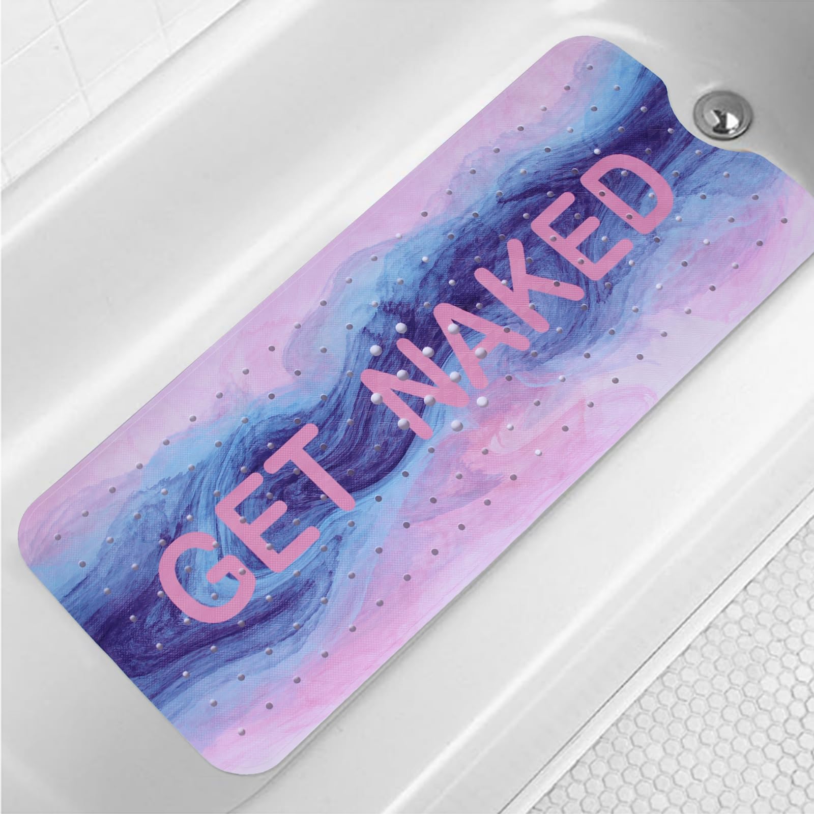 Pink Blue Bathtub Mat Non Slip 40x16in Extra Long Marble Bath Mat for Tub Funny Quotes Anti Slip Shower Mat for Bathroom with Large Drain Holes and