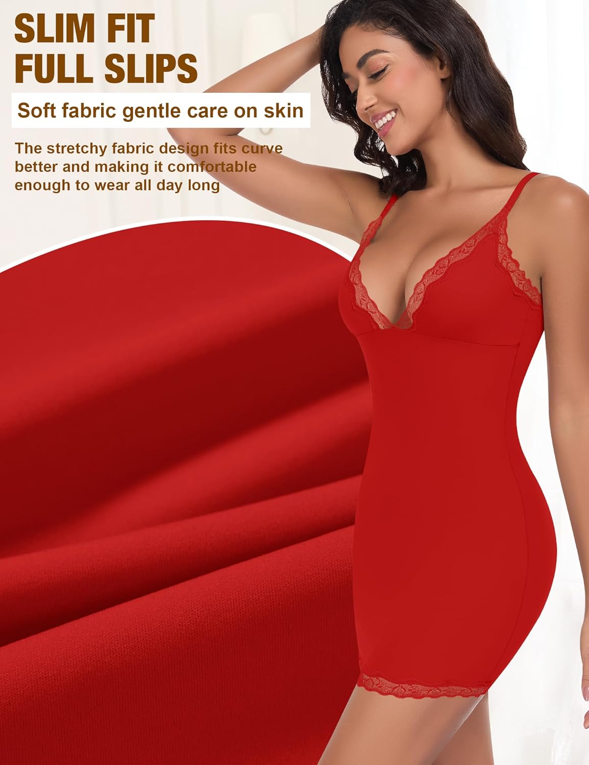 Full Slip for Women Under Dress Slim Slip Dress Adjustable Straps Nightgown V Neck Sleepwear Cami Mini Dress - Image 4